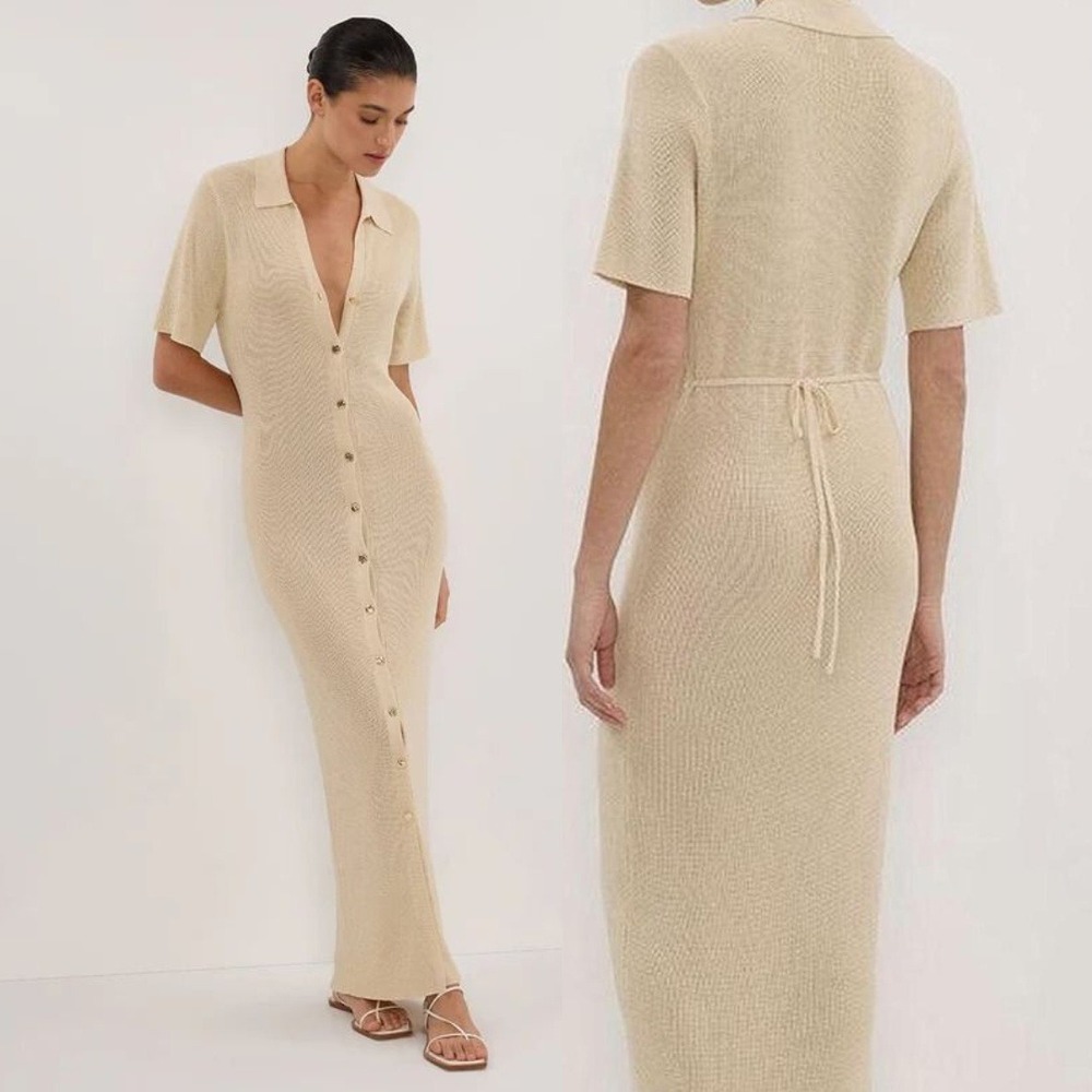 DISSH Dress Liam Beige Ribbed Knit Button Down Maxi Dress Size XS